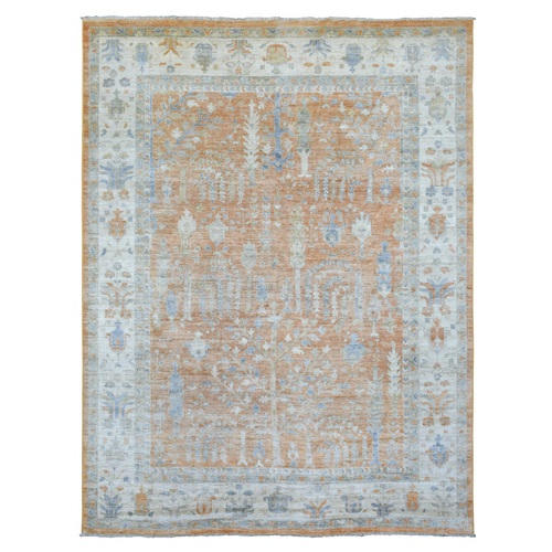 Soft Wool Hand Knotted Sunrise Colors Angora Oushak with Cypress and Willow Tree Design Oriental Rug