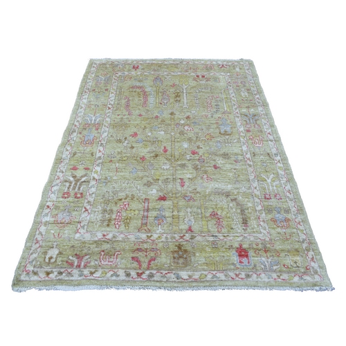 Soft, Velvety Plush Wool Hand Knotted Lime Green Afghan Angora Ushak with Willow and Cypress Tree Design Oriental Rug
