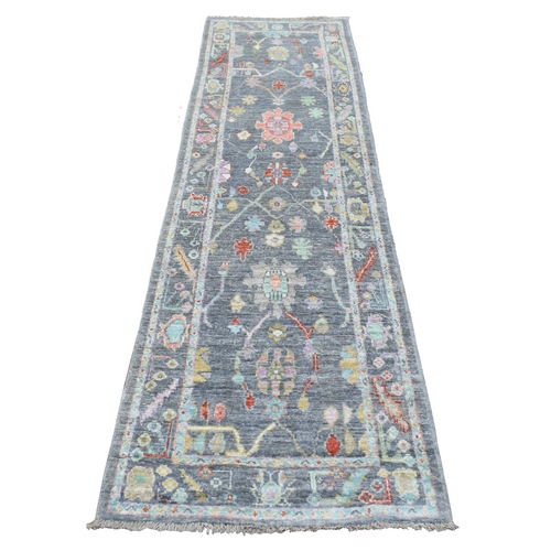 Hand Knotted Charcoal Gray Afghan Angora Ushak with Colorful Motifs Soft and Pliable Wool Oriental Runner Rug Hand Knotted Charcoal Gray Afghan Angora Ushak with Colorful Motifs Soft and Pliable Wool Oriental Runner Rug