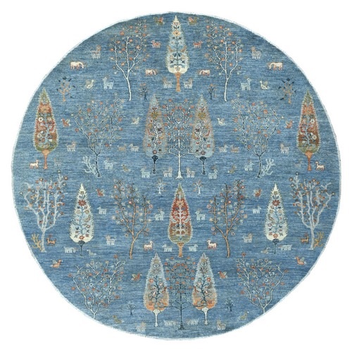 Blue Fine Peshawar with Folk Art Willow and Cypress Tree Design Natural Wool Hand Knotted Oriental Round 