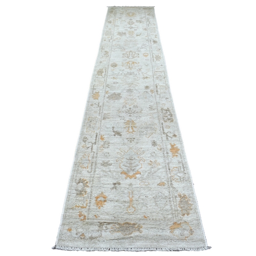 Hand Knotted, Gray, Angora Ushak with A Floral Pattern, Organic Wool, Oriental, XL Runner, 