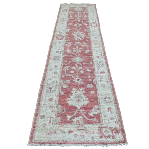 Coral Red Angora Ushak with Bold Floral Pattern Afghan Wool Hand Knotted Oriental Runner 