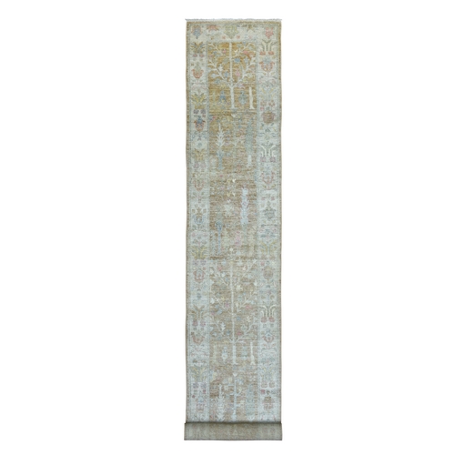 Organic Wool Hand Knotted Almond Brown Angora Oushak with Colorful Willow and Cypress Tree Design Oriental XL Runner 