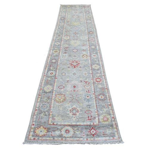 Gray Angora Ushak with Bold Floral Pattern Pure Wool Hand Knotted Oriental Runner 