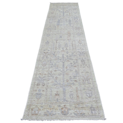 Extra Soft Wool Hand Knotted Silver Angora Oushak with Faded Out Cypress and Willow Tree Design Oriental Runner 