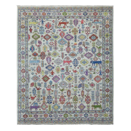 Gray Afghan Peshawar with Ancient Animal Figurines Soft, Velvety Plush Wool Hand Knotted Oriental 