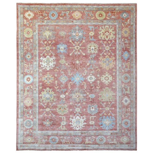 Coral Red with Touches of Blue and Green Afghan Angora Oushak, All Over Leaf Design, Soft Wool Hand Knotted Oriental Oversized 
