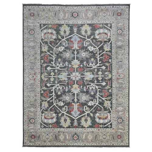 Charcoal Black Afghan Peshawar with Heriz Design Extra Soft Wool Hand Knotted Oriental Rug