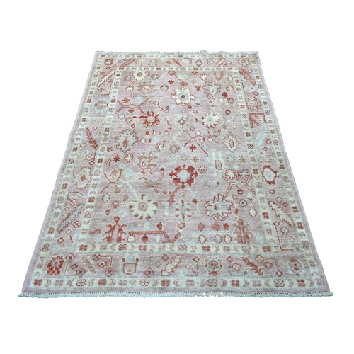 Coral Pink, Afghan Angora Oushak with Bold Floral Pattern, Hand Knotted and Pure Wool Oriental 