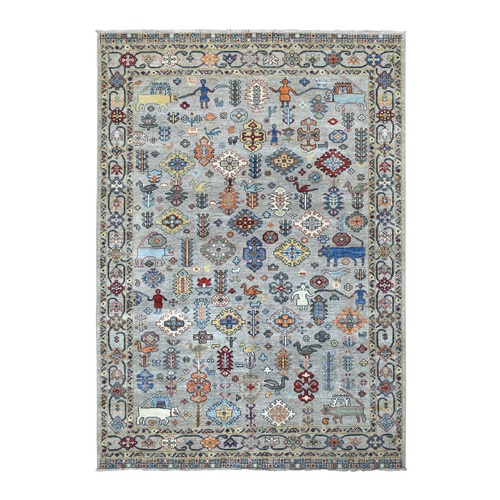Gray Afghan Peshawar with Ancient Animal Figurines Extra Soft Wool Hand Knotted Oriental Rug Gray Afghan Peshawar with Ancient Animal Figurines Extra Soft Wool Hand Knotted Oriental Rug