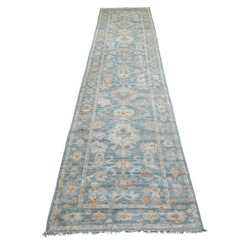 Teal Afghan Angora Oushak with Floral Pattern Soft, Velvety Wool Hand Knotted Oriental Runner 