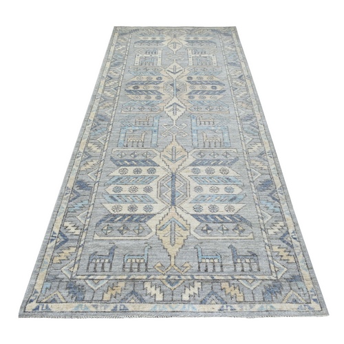 Organic Wool Hand Knotted Gray Anatolian Village Inspired with Large Medallions Design Oriental Wide Runner 