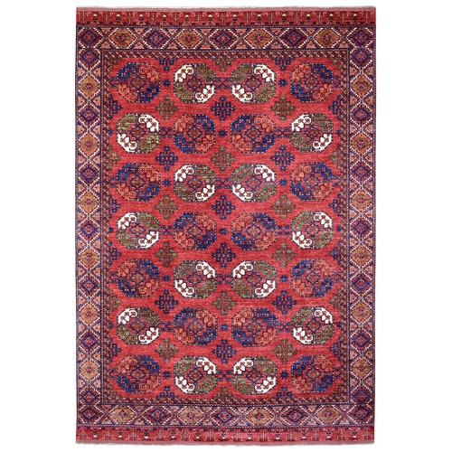 Soft Wool Hand Knotted Coral Red Afghan Ersari with Geometric Elephant Feet Design Oriental 