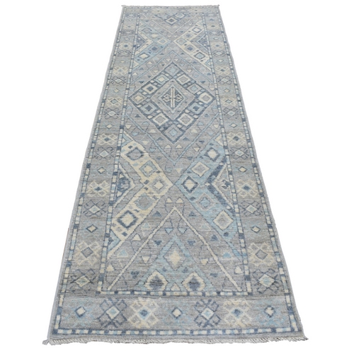Hand Knotted Gray Anatolian Village Inspired with Criss Cross Design Extra Soft Wool Oriental Runner 
