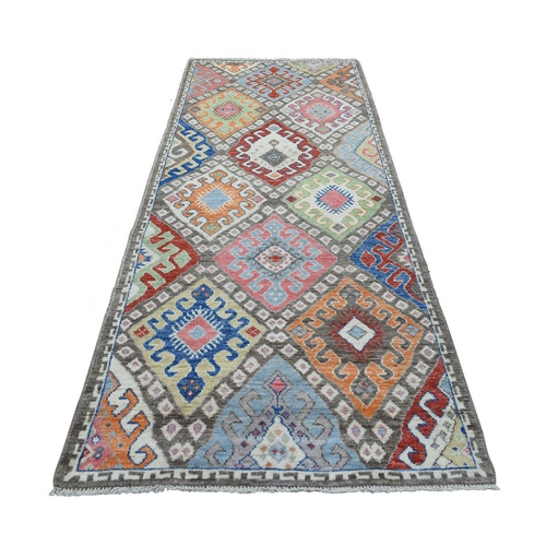 Walnut Brown Anatolian Village Inspired with Colorful Geometric Pattern Organic Wool Hand Knotted Oriental Wide Runner 