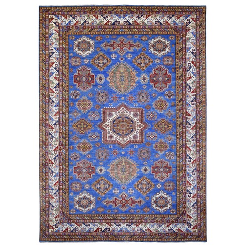 Afghan Super Kazak with Geometric Design Ghazni Wool Hand Knotted Oceanic Blue Oriental 