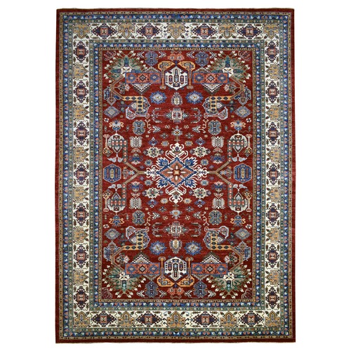 Hand Knotted Deep Red Afghan Super Kazak with All Over Motifs Extra Soft Wool Oriental 