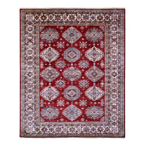 Afghan Super Kazak with Geometric Medallions Design Ghazni Wool Hand Knotted Rich Red Oriental 