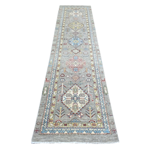 Gray Afghan Peshawar with Northwest Persian Design Organic Wool Hand Knotted Oriental Runner 