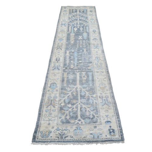 Gray with Touches of Light Blue Afghan Angora Oushak Hand Knotted Runner with Cypress and Willow Tree Design and Pure Wool Oriental 