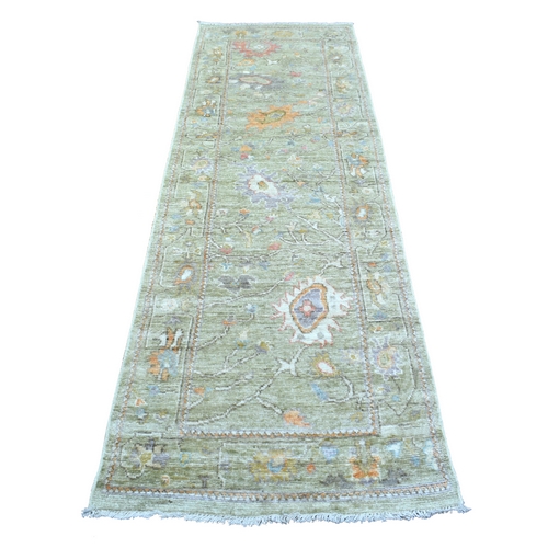 Green Angora Oushak Runner Hand Knotted with Large Leaf Design Soft Afghan Wool Oriental Rug