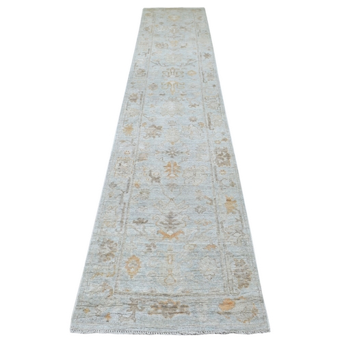 Gray with Touches of Orange Afghan Angora Oushak Runner Hand Knotted Pure Wool Oriental 