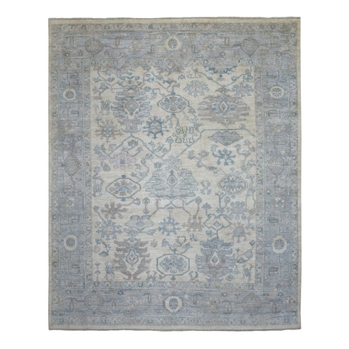 All Over Design Afghan Angora Oushak with Ivory-Blue Color Scheme Organic Wool Hand Knotted Oriental 