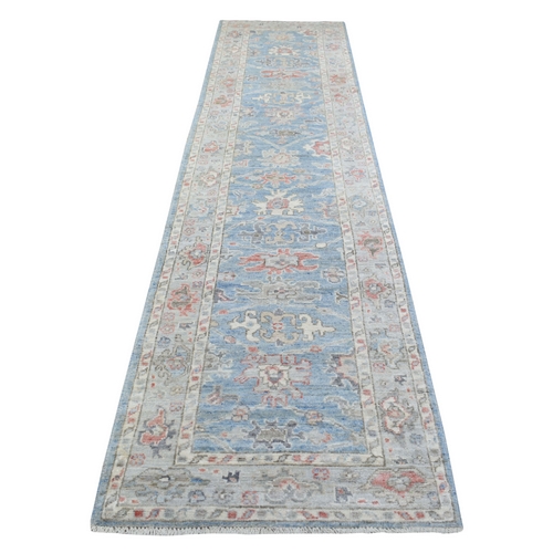 Hand Knotted Denim Blue Afghan Angora Oushak with Floral Pattern Extra Soft Wool Oriental Wide Runner 