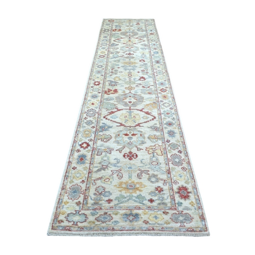Afghan Angora Oushak Ivory with Pop of Colors Hand Knotted Extra Soft Wool Oriental Wide Runner Rug