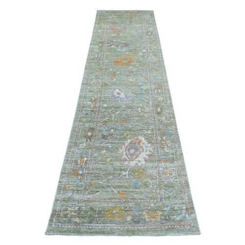 Olive Green Hand Knotted Angora Ushak with Leaf Design Soft, Afghan Wool Oriental Runner 
