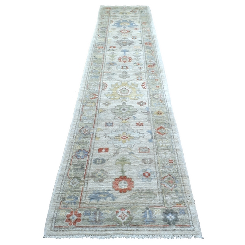 Afghan Angora Oushak with Soft Colors, Pure Wool, Hand Knotted, Gray, Oriental Runner Rug 