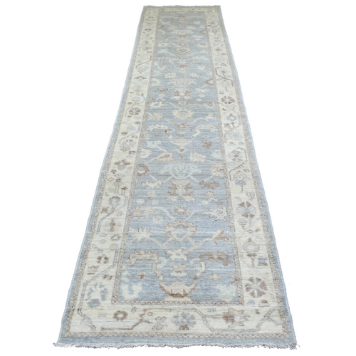 Gray, Afghan Angora Ushak with All Over Motifs, Pure Wool, Hand Knotted, Oriental Runner 