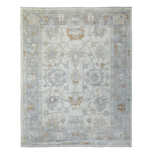 Ivory Angora Oushak with Faded Out Colors, Leaf Design Hand Knotted Soft Afghan Wool Oriental 