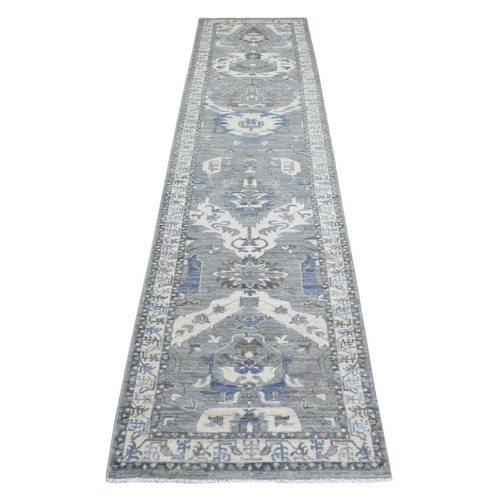 Extra Soft Wool Hand Knotted Gray Afghan Peshawar with Geometric Design Oriental Runner Rug