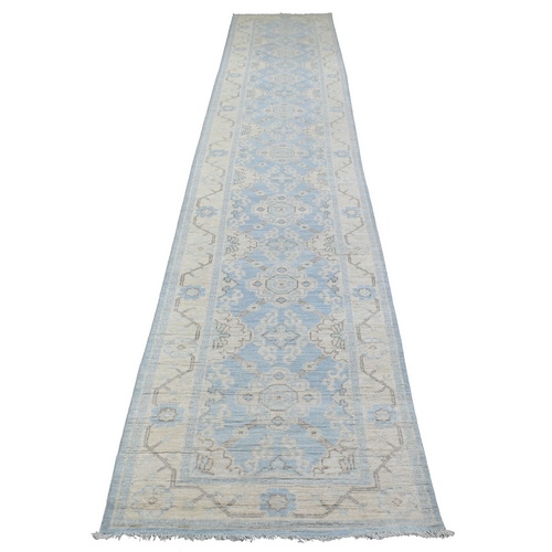 Soft Afghan Wool Hand Knotted Stone Wash Peshawar with Geometrical Design Blue Oriental XL Runner 