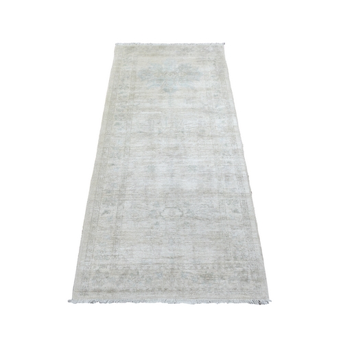 Ivory Stone Wash Hand Knotted Peshawar with Subtle Design Soft Afghan Wool Oriental Runner 