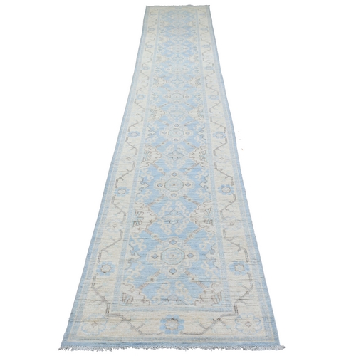 Washed Out Blue Peshawar with Geometric Design Hand Knotted Pliable Wool Oriental XL Runner 