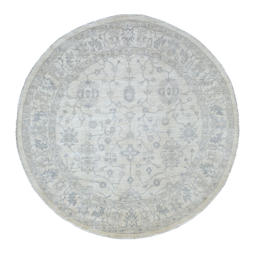 Afghan Wool Round Ivory Washed Out Peshawar with Flowing and Open Design Hand Knotted Oriental 