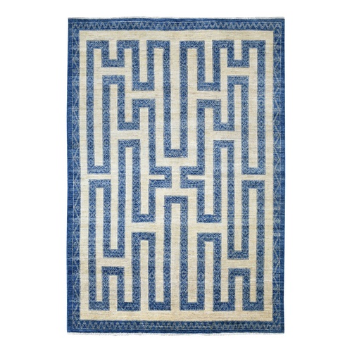 Soft and Pliable Wool Hand Knotted Denim Blue Maze Design with Berber Influence Oriental 