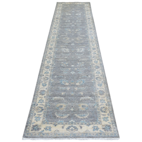 Gray Afghan Peshawar with Floral Motifs Soft Wool Hand Knotted Oriental Runner 