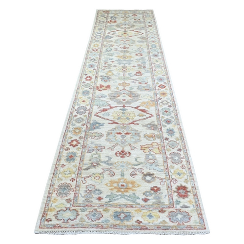 Ivory Hand Knotted Angora Oushak with Floral Motifs Natural Wool Oriental Wide Runner Rug