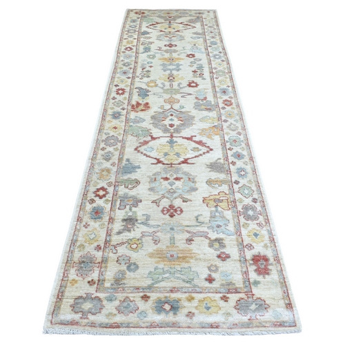 Pure Afghan Wool Ivory Angora Oushak with Pop of Color Hand Knotted Oriental Wide Runner 