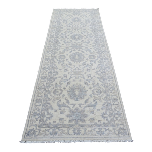 Hand Knotted White Wash Peshawar with All Over Flower Design Extra Soft Wool Oriental Runner 
