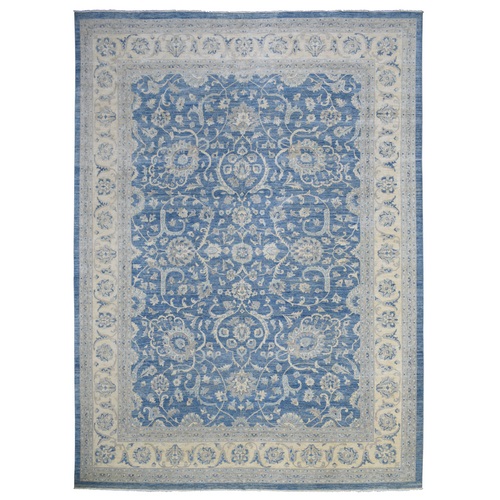 Denim Blue, Densely Woven Fine Peshawar with All Over Design, Shiny and Soft Wool Natural Dyes Hand Knotted, Oversized Oriental Rug
