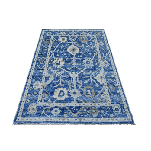Denim Blue, Hand Knotted Afghan Angora Oushak with All Over Motifs, Natural Wool Oriental Rug