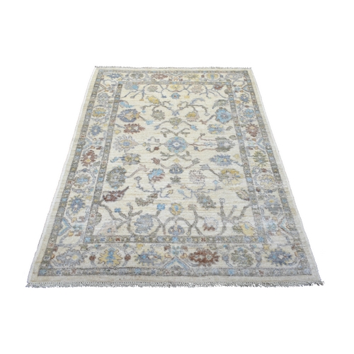 Ivory, Soft Wool Hand Knotted, Afghan Angora Ushak with All Over Motifs, Oriental Rug