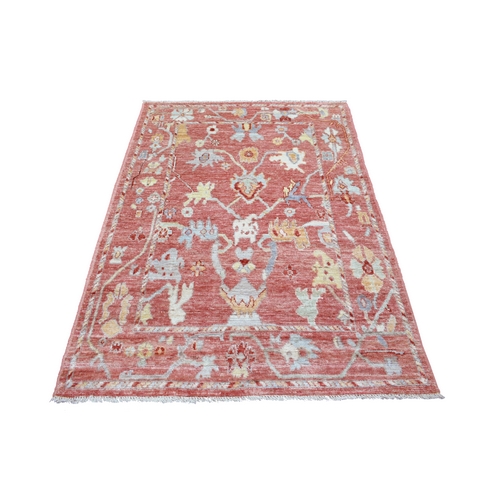 Coral Red, Afghan Angora Ushak with Colorful Motifs, Shiny and Soft Wool Hand Knotted, Oriental Rug