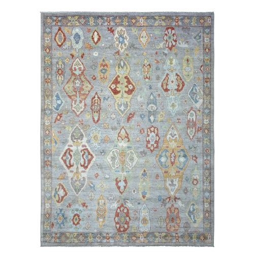 Gray, Hand Knotted Afghan Angora Oushak with Large Elements Design, Shiny and Soft Wool, Oriental Rug