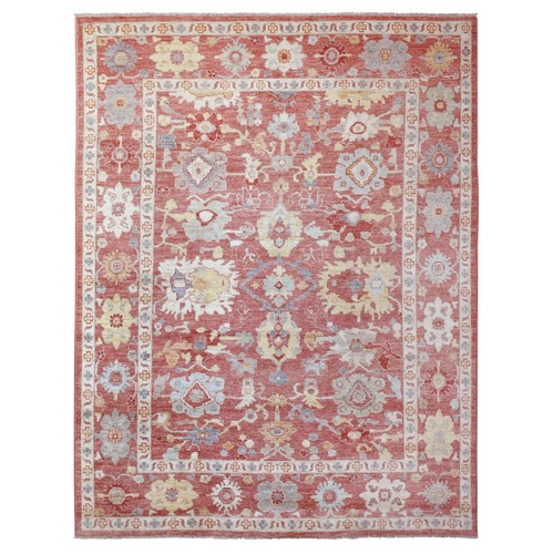Coral Red, Supple Wool Hand Knotted, Afghan Angora Ushak with Colorful Motifs, Oriental Rug