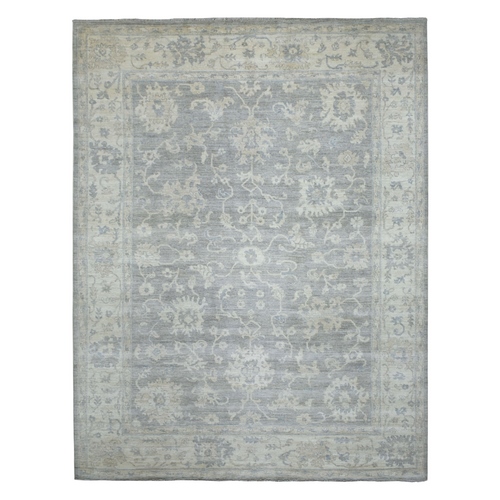 Gray, Pure Wool Hand Knotted, Afghan Angora Ushak with All Over Leaf Design, Oriental Rug